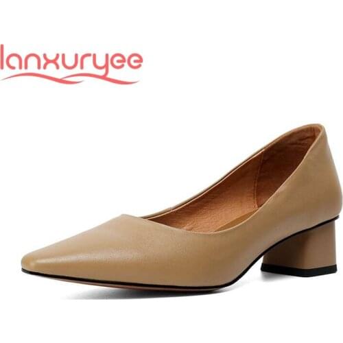 Lanxuryee early spring new recommend brand shoes handmade high quality genuine leather small square toe med heel women pumps L39