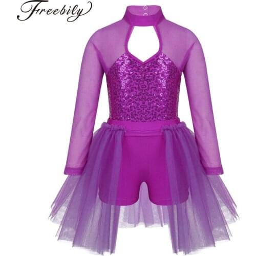 Cute Kids Girls Tulle Shiny Sequins Cutout Back Ballet Leotard Jumpsuit Dance Costume Tutu Dress for Lyrical Contemporary Dance