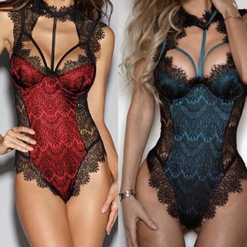 Fashion Hot Sexy Lingerie Lace Women V Neck Bodycon Sleepwear Jumpsuit Romper Bodysuit