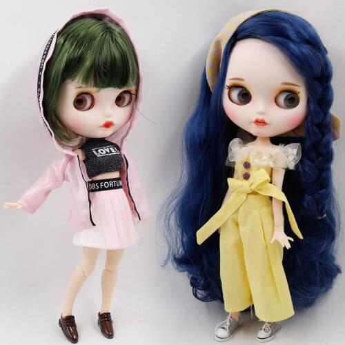 Outfits for ICY DBS Blyth doll Shiny Pink coat with hoodie Yellow Overalls with haiir band fashion and vintage suit for 1/6 bjd