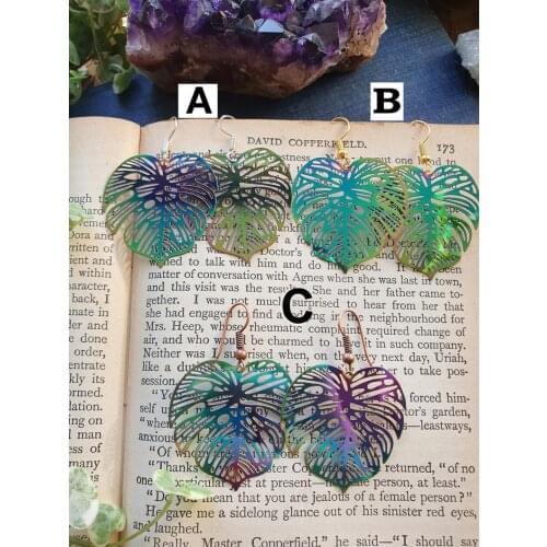 New Design~Iridescent Rainbow Monstera Leaf Rainbow Earrings Holographic Earrings