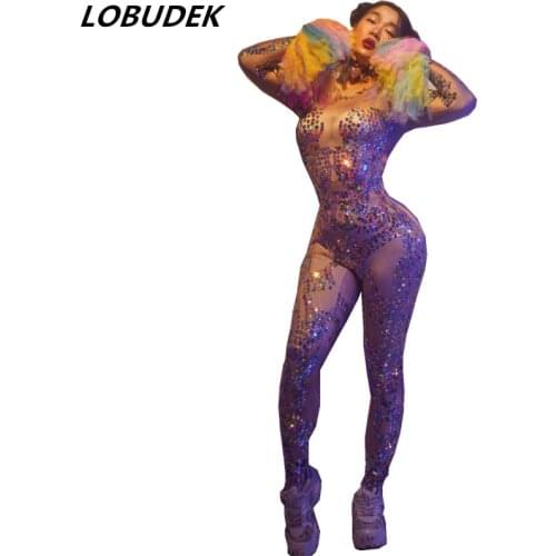 Multi-color Sequins Crystals Stretch Skinny Jumpsuit Stage Dancer Singer Performance Costume Sexy Nightclub Leggings Dance Wear