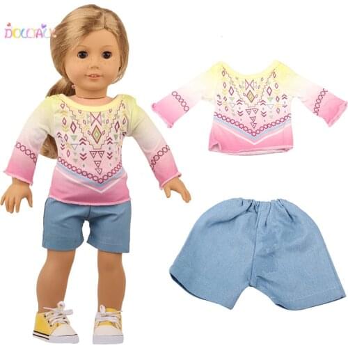 Born New Baby Doll Clothes Accessories Fit 18 inch 43cm Purple top and blue shortsshorts For Baby Birthday Festival Gift