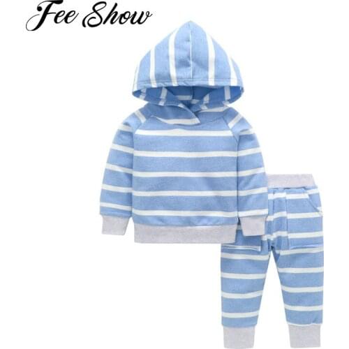 Newborn Baby Boys Girl Clothes Cotton Striped Long Sleeve Hooded Sweatshirt Pants 2pcs Sport Outfit Infant Baby Tracksuit Sets