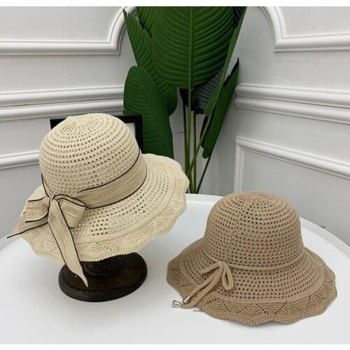 JIAMENG003 Autumn Girls Casual Foldable Bucket Hat Summer Women Hollow-out Design Bowknot Big-Brimmed Fisherman Cap