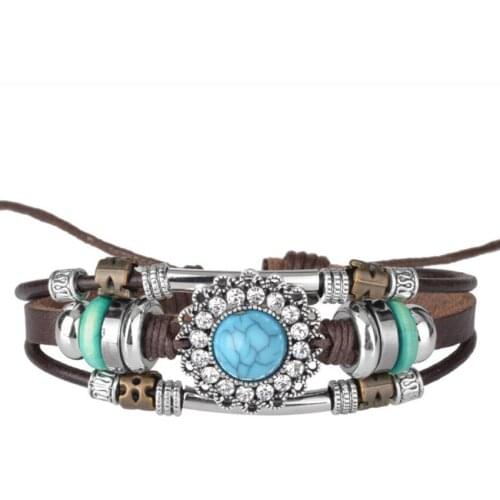 Silver Plated Handmade Leather with Blue and Red Turquoises Stone Bead Bracelet for Party Gift Jewelry