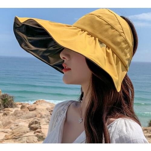 Sun Hat Summer Women Ponytail Visor Black Vinyl Foldable Fashion Wide Brim UV Protection Bow Beach Hat Female