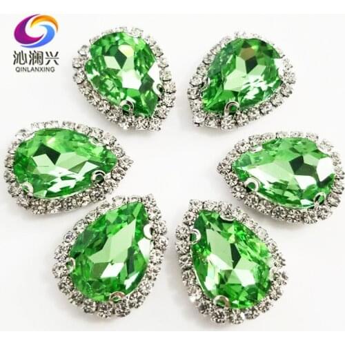 Top grade Silver bottom Glass Crystal buckle,Light green Drop shape sew on rhinestones with holes,Diy/wedding decoration