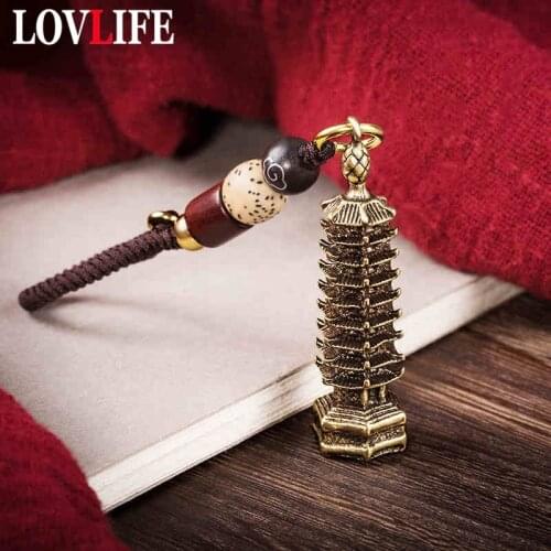 Vintage Brass Chinese Tower Keychain Rope Pendant Jewelry Brand Luxury Car Key Chain Lanyard Hanging Students Draduation Keyring