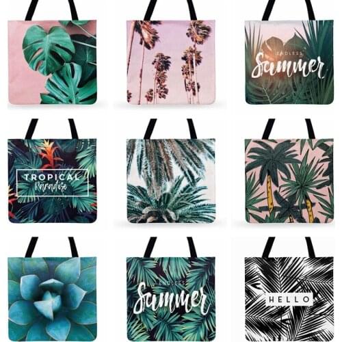 Ladies Shoulder Bag Natural Scenery Tropical Leaves Printed Tote Bag For Women Casual Tote Linen Febric Beach Bags Shopping Bag