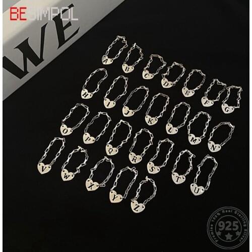 Besimpol New Real 925 Sterling Silver 26 Letters Rings Minimalist Design Simple Chain Ring for Women Fine Jewelry Birthday Gift