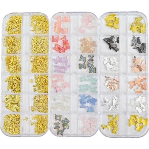 12 Gird/Box Butterfly Nail Art Decoration 3D Colorful Metal Rivet Charms DIY Aurora Studs Multi-shape Manicure Accessories UY#51