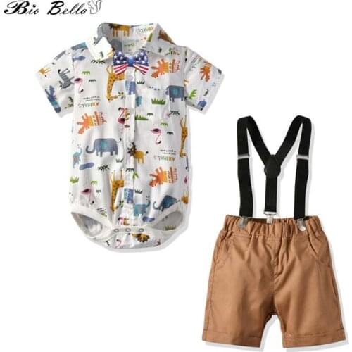 Quality Boy Summer Cotton Robes Gentleman 3pcs Suit Animal Print Casual Short-sleeved Bodysuit+Suspender Shorts Boys Sets