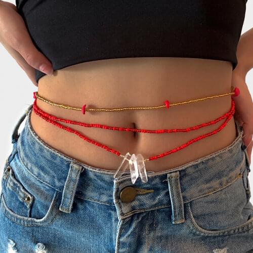 3Pcs/Set Boho Transparent Crystal Cylinder Harness Belly Chain Rainbow Seed Beads Waist Chain Women Natural Stone Body Jewelry