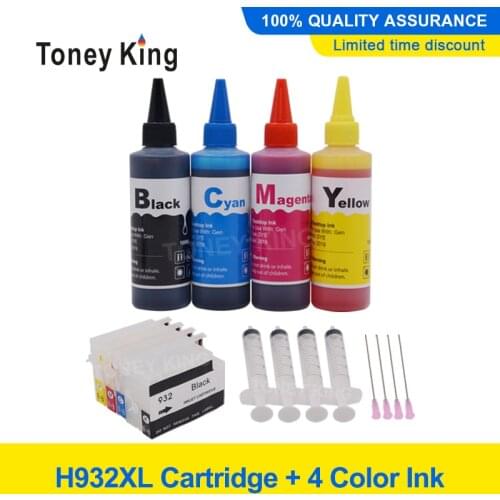 Toney King HP 932 4PCS Empty Refillable Ink Cartridge with chip + 400ML dye ink Compatible For HP Officejet 6100 6600 6700 7110