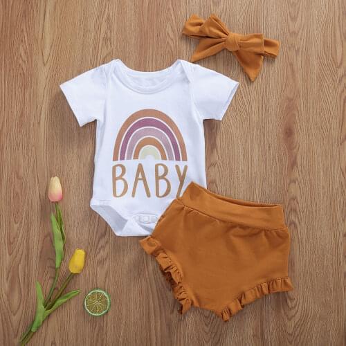 0-18M Newborn Infant Baby Girls Boys Clothes Sets Rainbow Print Short Sleeve Bodysuit +Shorts Headband Baby Summer Clothing