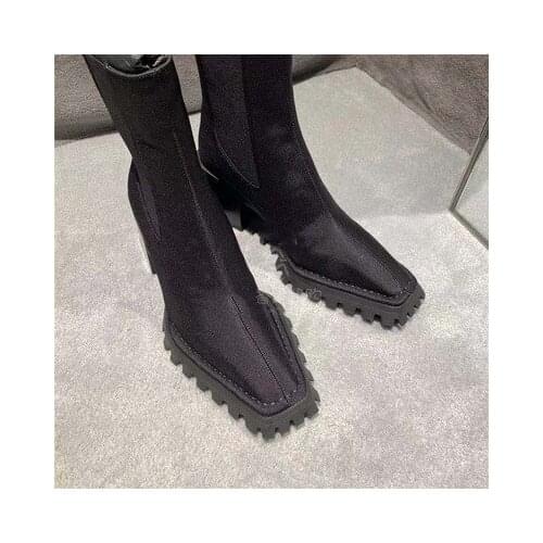 Botas Black Leather Ankle Boots for women shoes square toe thick high heels fashion brand slip on woman chelsea botas femininas