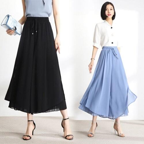 Elastic High Waist Chiffon Wide-leg Pants Women Summer Pleated Stitching Loose Casual Plus Size Female Solid Cropped Trousers