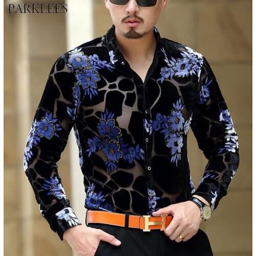 Luxury Brand Silk Transparent Shirt Men 2018 Floral Embroidery Mens Dress Shirts See Trough Sexy Men High Quality Lace Shirt 3XL