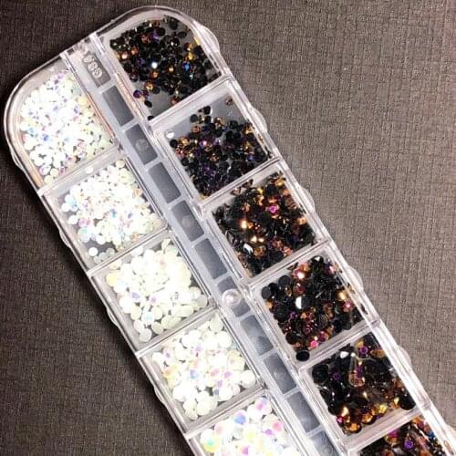 12Grids FlatBack Non HotFix Resin Nail Art Black+White AB Rhinestones Strass Crystal Applique Glue On Rhinestones For Nail Art