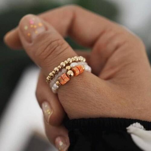 Bohemian Natural Stone Rings for Women Freshwater Pearl Mix Color Crystal Glass Stainless Steel Set Strench Rope Wedding Ring