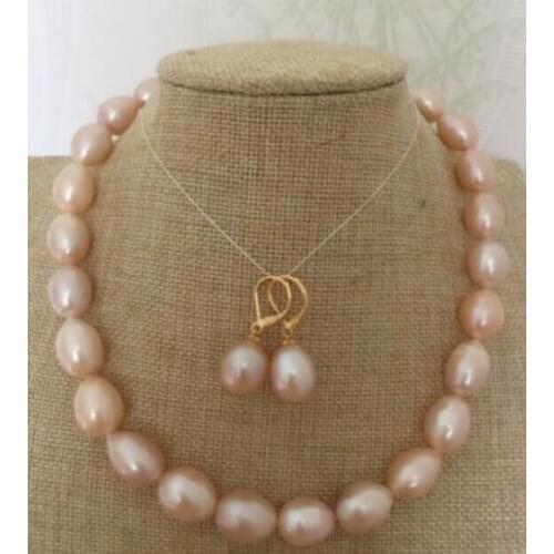 Beautiful 18"12-15 mm natural south pink pearl necklace earring Set