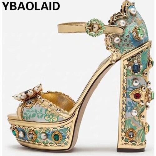 Fashion Retro Waterproof Platform Fish Mouth Rhinestone Gem Flower Word with Diamond Buckle Thick Heel Banquet Fashion Sandals