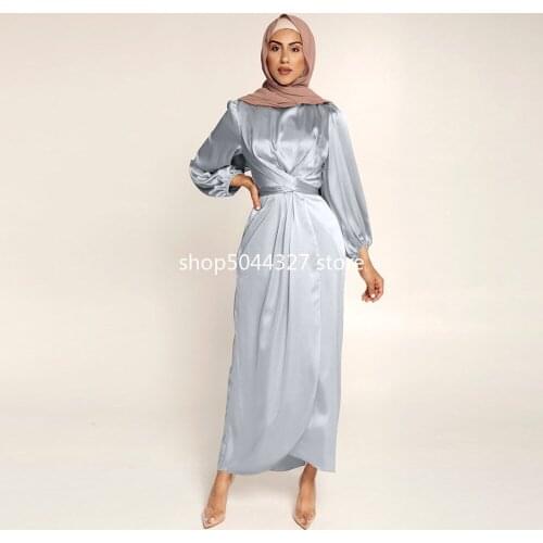 Muslim Wrap Front Dress Long Sleeve Satin Solid Color Slit To The Waist Long Dresses Women Dubai Turkey India Islam Clothing