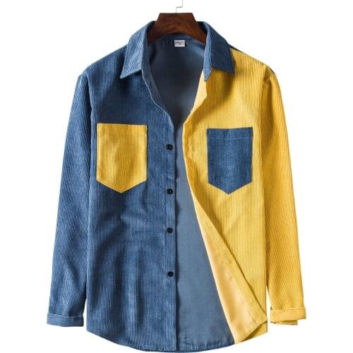 2021 Fashion Men Corduroy Contrast Panel Shirts Long Sleeve Colorblock Chest Pocket Casual Button Up Shirt Cardigan Tops