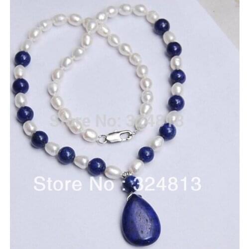 Natural 7-8MM White Akoya Pearl / Lapis Lazuli Pendant Necklace+158