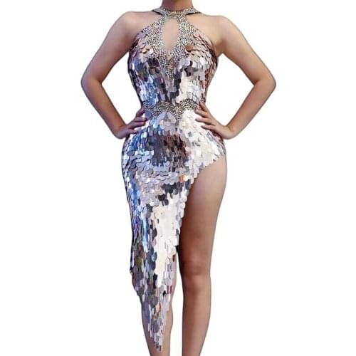 New Fashion Shining Silver Sequins Rhinestone Dress Evening Party Wear Prom Sequins Dresses Singer Birthday Celebrate Costomes