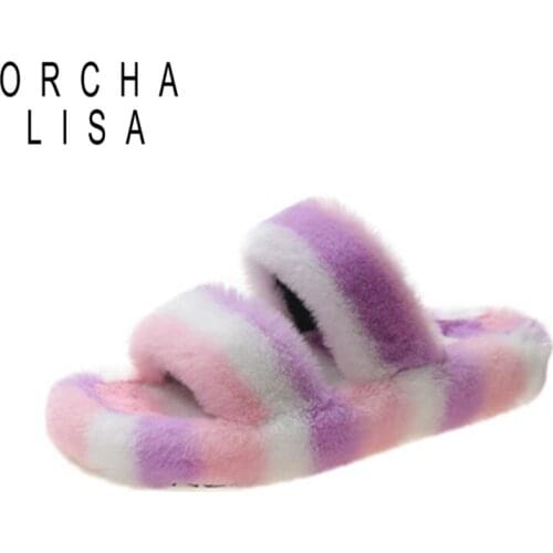 2021 New Winter Rainbow Multicolored Sandals Luxury Designer Womans Slippers Fur Flip Flops Slides Platform Plush Massage 42