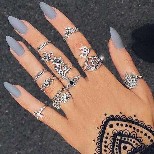 DAXI 12PCS/Set Vintage Punk Ring Set Women OM Totem Egyptian Cross Yoga Flower Knuckle Bohemian Midi Finger Rings Jewelry Gift