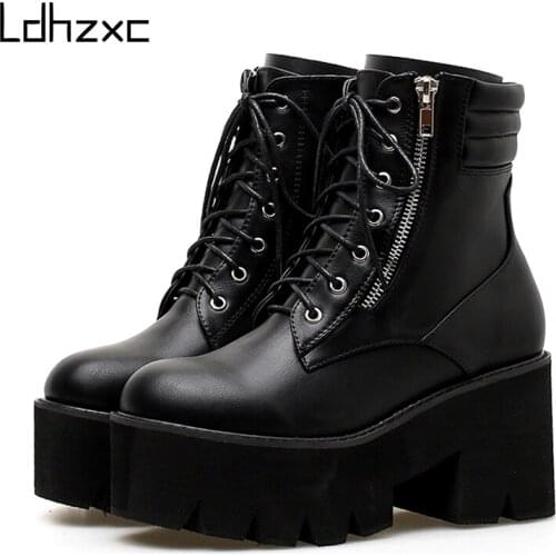 LDHZXC Autumn Ankle Boots For Women Motorcycle Boots 2020 Chunky Heels Casual Lacing Round Toe Platform Boots Shoes Female