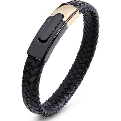 ZAER Mens Bracelet Punk Stainless Steel Personality Bracelet Mens Leather Braided Bracelet Custom Size Jewelry