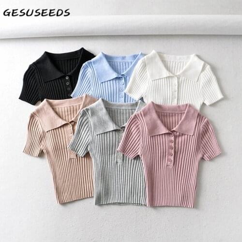 Elegant shirt women summer short sleeve polo shirt vintage knit top ribbed button up shirts turn down collar white t shirt blue