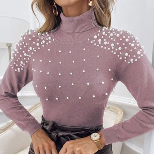 2021 Autumn Winter Beading Design Knitted Sweater Women Fashion Turtleneck Warm Pullover Top Casual Long Sleeve Solid Sweaters