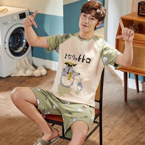 2021 Summer O-Neck Full Cotton Mens Short Sleeve Shorts Pajamas Set Big Size M-4XL Sleepwear Leisure Suits Nightwear Men Pijamas