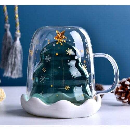 250ml Christmas Glass Mug With Cover Double Wall Glass Coffee Mug with Christmas Tree and Star Christmas Gift Cup for Tea Milk