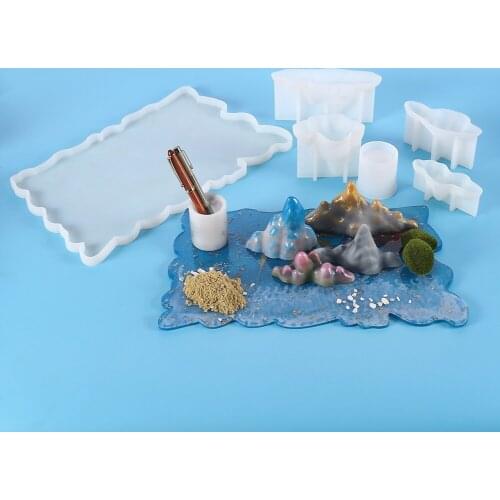 6Pcs Table Crafts Silicone Epoxy Resin Molds Set DIY Rockery Landscape Coaster Cylindrical Pen Holder Jewelry Casting Home Decor