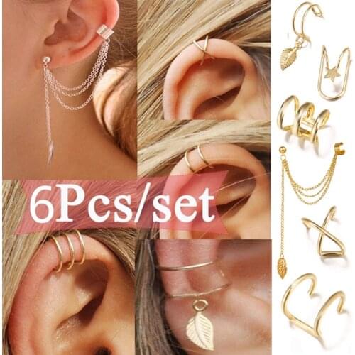 6pcs/Set Ear Cuff Leaf Star Clip Ring Earrings for Women No Piercing Fake Cartilage Earrings Geometric Long Tassel Jewelry