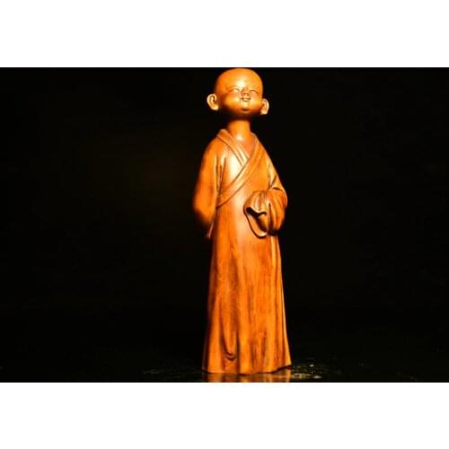 7"China Lucky Old Boxwood Hand-carved Monk statue Little novice monk Amitabha Office Ornaments Town House Exorcism