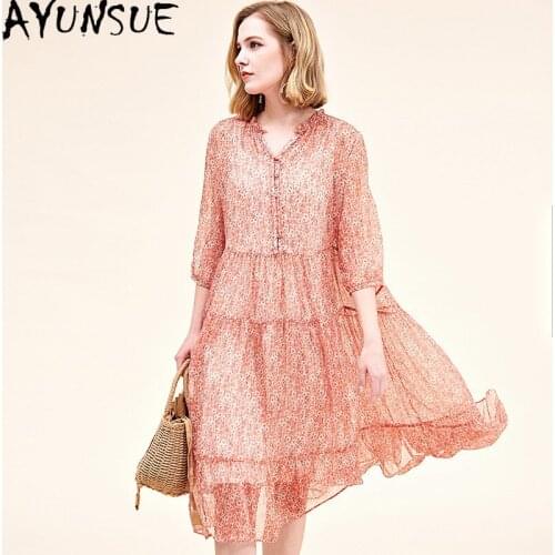 AYUNSUE Spring Summer 100% Silk Dress Woman Floral Casual Beach Dresses for Women Boho Elegant Midi Dress 2021 Vestido De Mujer