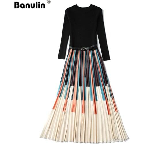 Banulin Luxury Stripe Contrast Color Knit Patchwork Women Sweater Dress O-Neck A Line Christmas Party Pleated Dress Vestidos