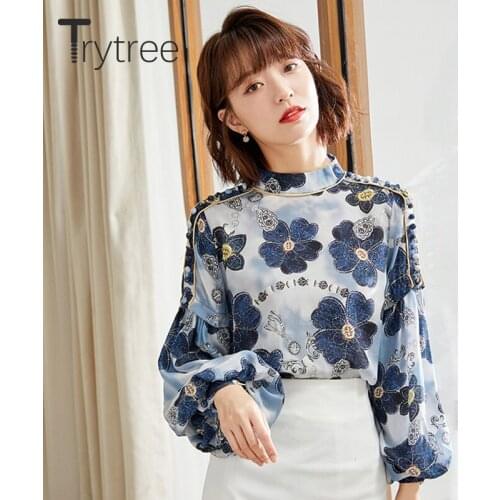 Trytree 2021 Spring Summer Women Blouse Casual O-neck Lantern Sleeve Buttons Floral Fashion Shirts Office Lady Tops For Women