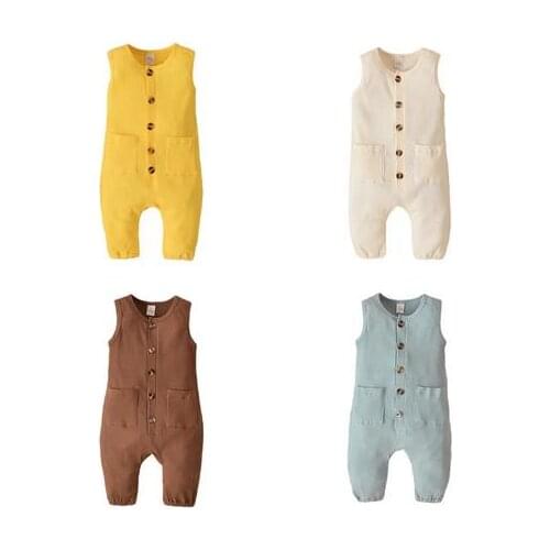 Baby Summer Solid Rompers Toddler Newborn Infant Boy Girls Sleeveless Button Pocket Knitted Romper Jumpsuits Overalls Long Pants