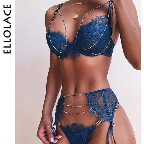 Ellolace Rhinestone Lingerie Womens Underwear Set Lace Sexy Lingerie Underwire Push Up 3 pcs Set Lingerie Set Bra and Panty Set