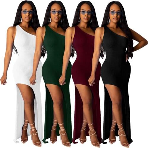 FNOCE autumn womens dresses sexy nightclub mature elegant Solid Color One-Shoulder sleeveless split slim irregular maxi Dress