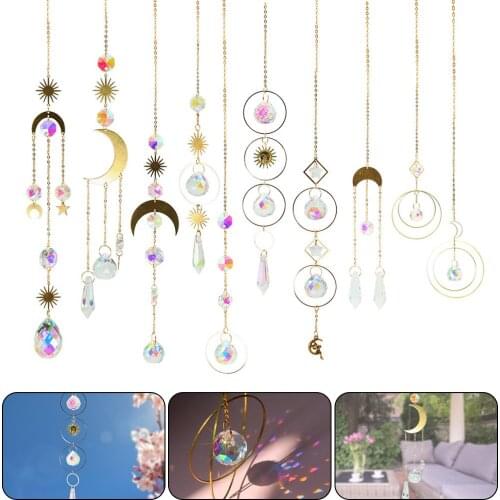 Crystal Wind Chime Star Moon Sun Pendant Dream Catcher Plated Colorful Beads Hanging Drop For Outdoor Indoor Garden Windchimes