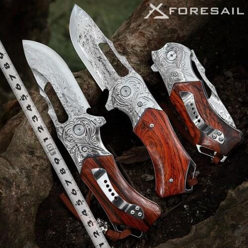 FORESAIL Damascus Steel Pocket folding Knives 4.5in wood Handle,with Ball Bearing Structure Sharp Camping Hiking Tactical EDC